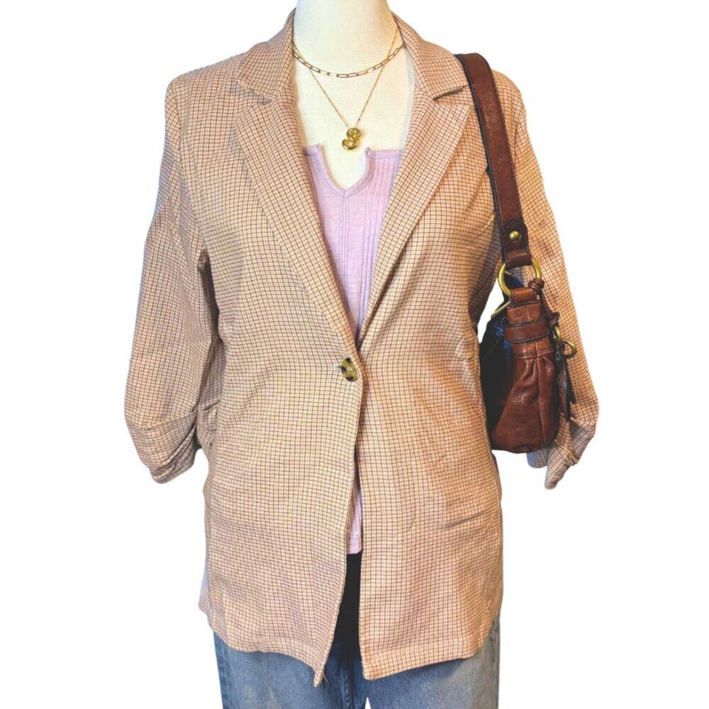 Altar'd State Cream Plaid Longline Blazer Size Small